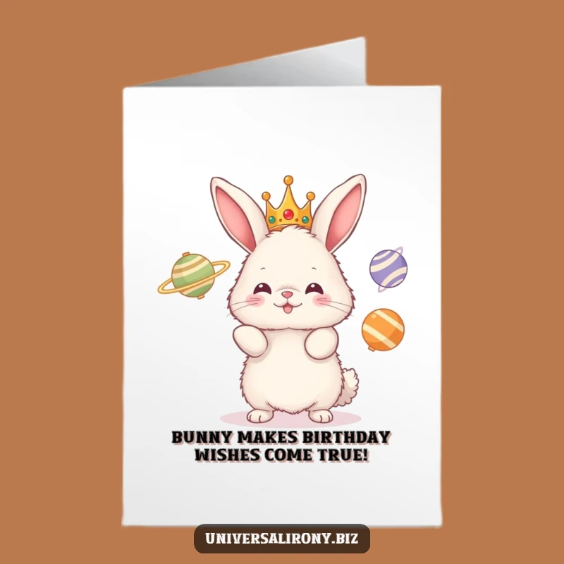 Free Printable Birthday Card: Funny Bunny Juggling Planets, Hilarious Downloadable Gift for Him or Her