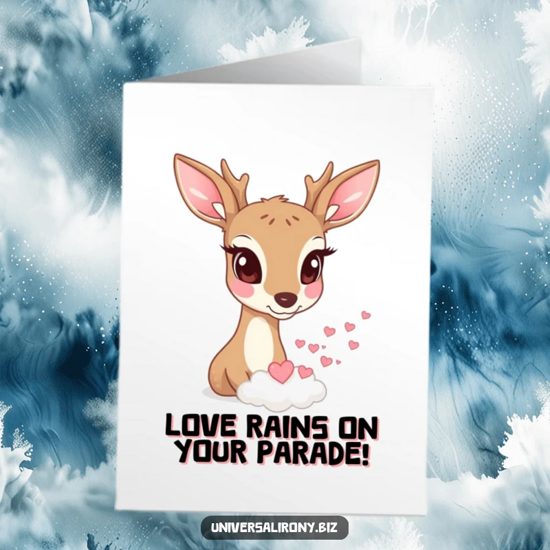 Funny Free Printable Deer Birthday Card: Deer watching a cloud rain hearts, sweet and funny birthday wishes.