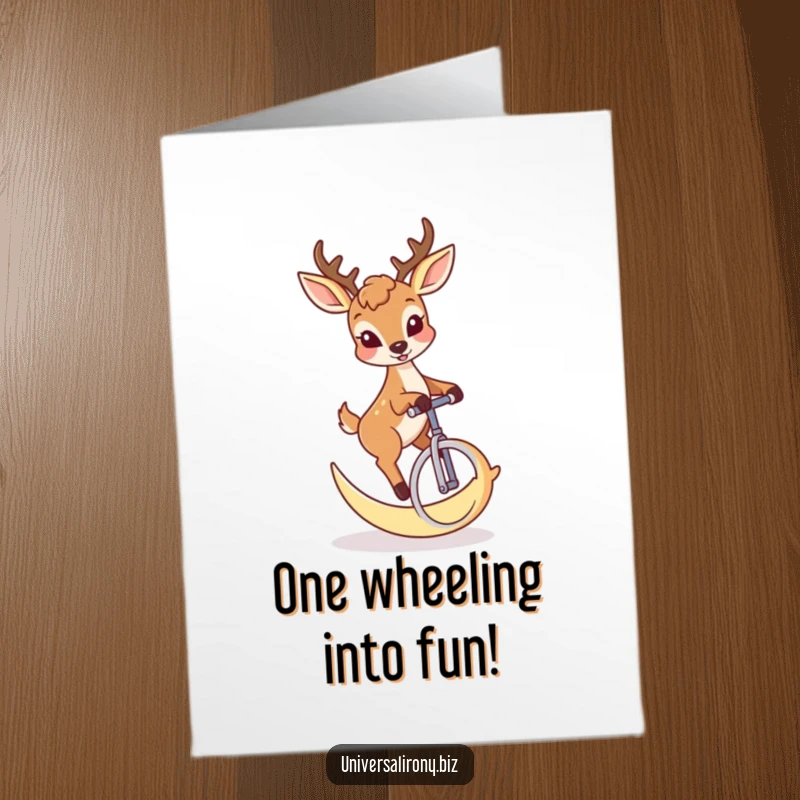 Funny Free Printable Deer Birthday Card: Deer with mischievous grin riding a crescent moon unicycle, birthday fun.