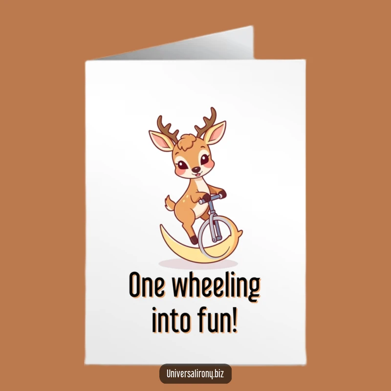 Free Printable Funny Deer Birthday Card: Moon Unicycle Ride Downloadable Gift