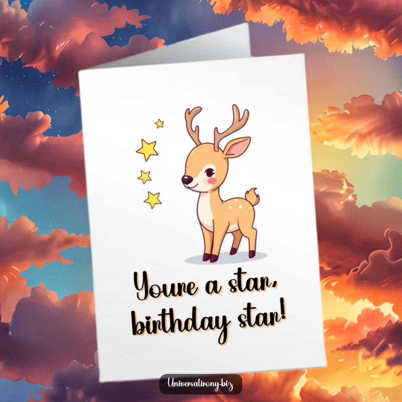 Funny Free Printable Deer Birthday Card: Deer playfully juggling three twinkling stars, magical birthday wishes.