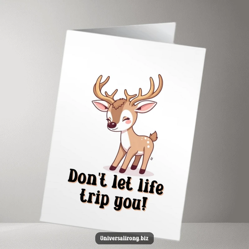 Funny Free Printable Birthday Card: Cute kawaii deer tripping over its own large antlers with a silly expression.