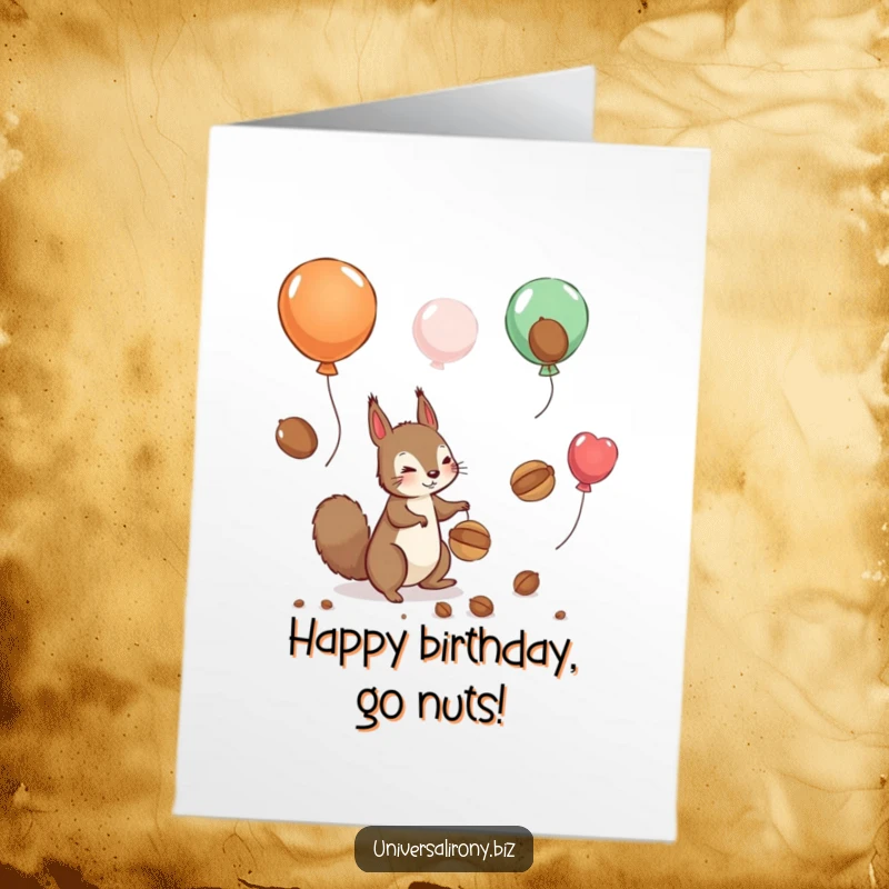 Funny Free Printable Birthday Card: A playful squirrel scrambles to catch nuts floating away on balloons, a whimsical birthday wish.