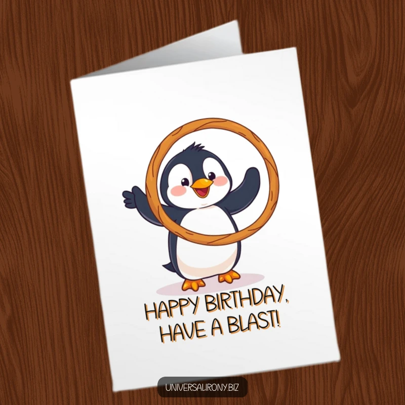 Funny Free Printable Birthday Card: A clumsy penguin hilariously tries to hula hoop with a giant pretzel, a quirky celebration card.