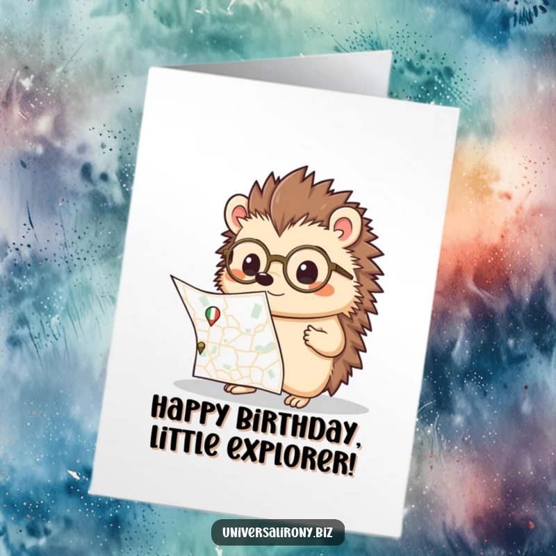 Funny Free Printable Birthday Card: Kawaii hedgehog with spectacles looks confused at a giant map.