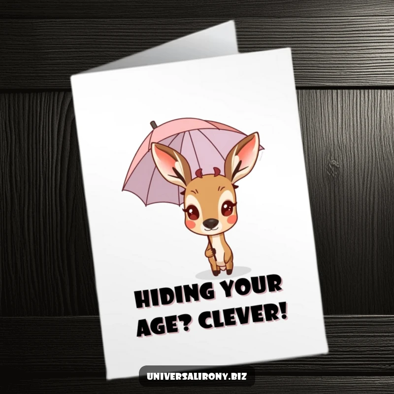 Funny Free Printable Deer Birthday Card: Surprised deer peeking from a tiny, upside-down umbrella, birthday fun.