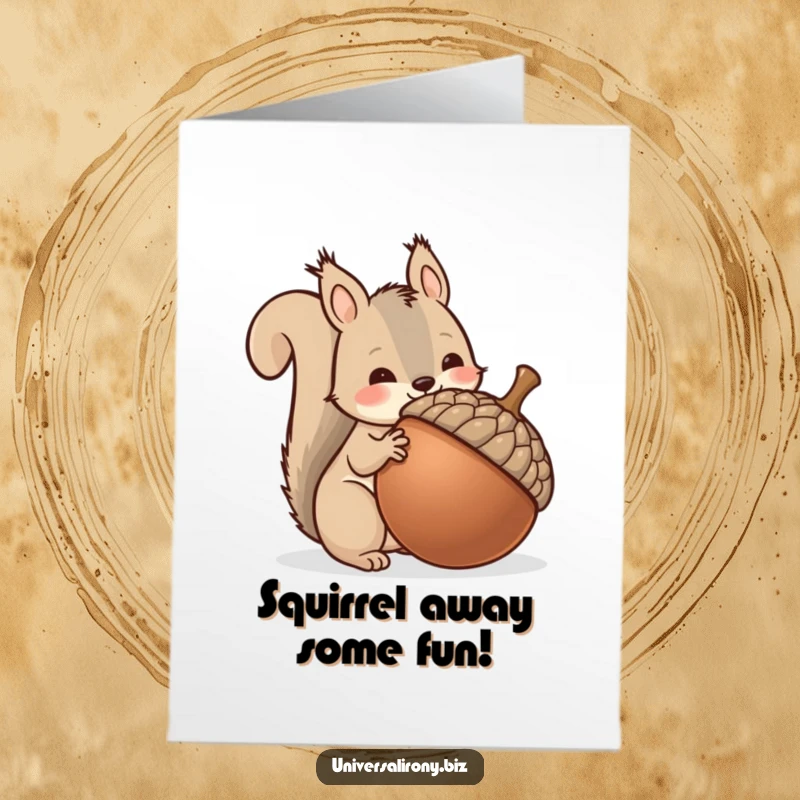 Funny Free Printable Birthday Card: Kawaii squirrel trying to stuff an oversized acorn into its cheeks.