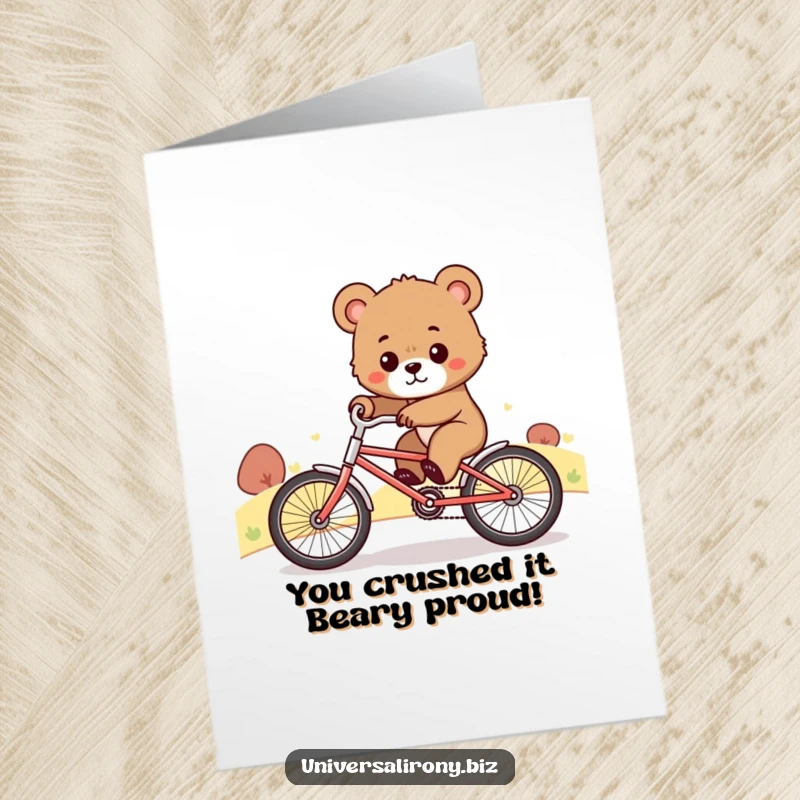 Funny Free Printable Congratulations Card: A cute bear cub struggles uphill on a tiny bicycle, celebrating effort and success.