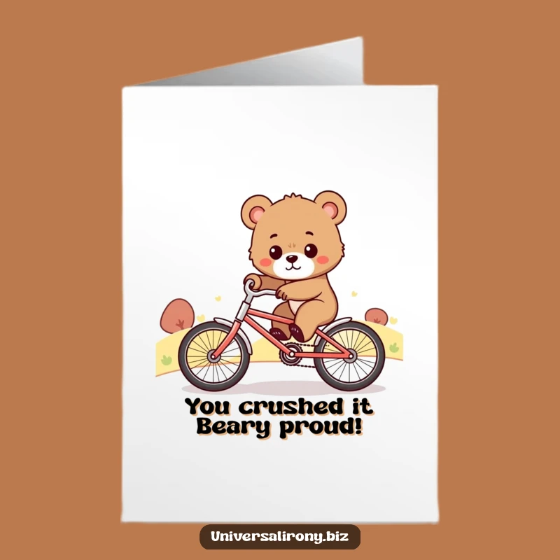 Free Printable Congrats Card: Determined Bear Cub Cycling Uphill, Funny Downloadable Gift for Achievements