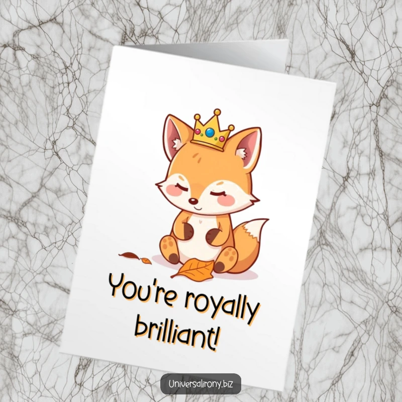 Free Printable Congratulations Card: Smug kawaii fox wearing a crown, looking down at a leaf, celebrating a win.