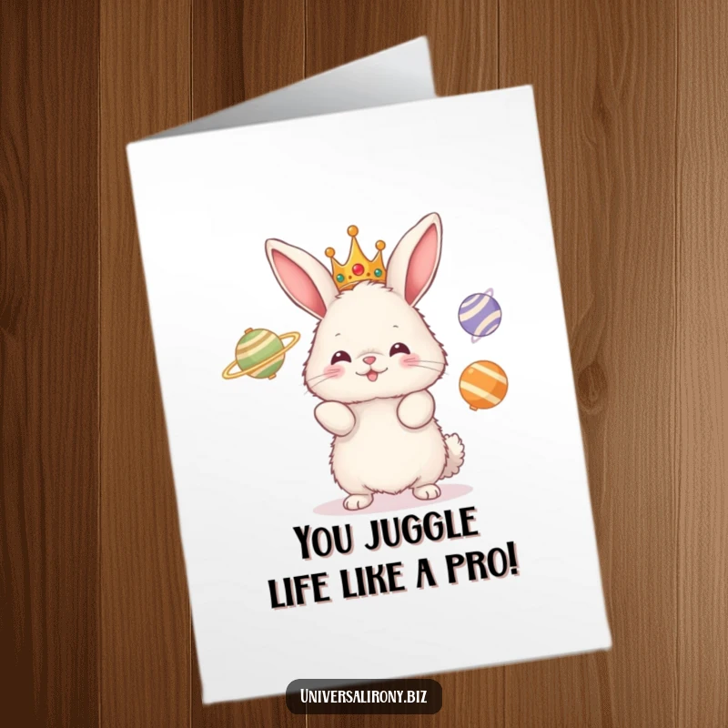 Funny Free Printable Congratulations Card: Excited bunny in a crown juggles planets, perfect for celebrating triumphs with humor.