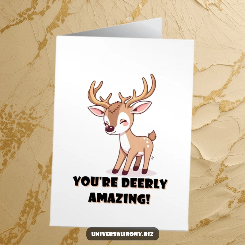 Free Printable Congratulations Card: Kawaii deer playfully tripping over its large antlers, celebrating a win.