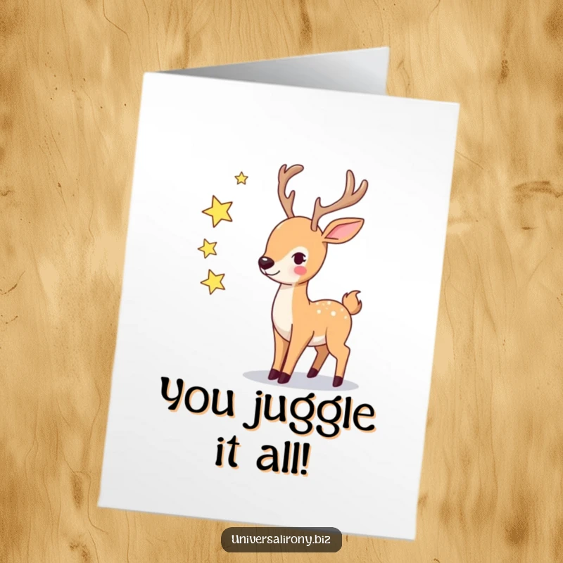 Funny Free Printable Deer Congratulations Card: Deer juggling stars, celebrating achievements with celestial humor.