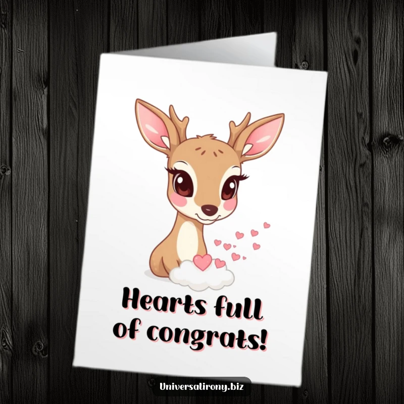 Funny Free Printable Deer Congratulations Card: Deer watching a cloud rain hearts, celebrating love and happiness.