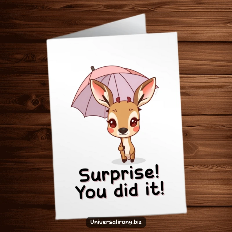Funny Free Printable Deer Congratulations Card: Deer peeking from a tiny umbrella with a surprised look, congrats.
