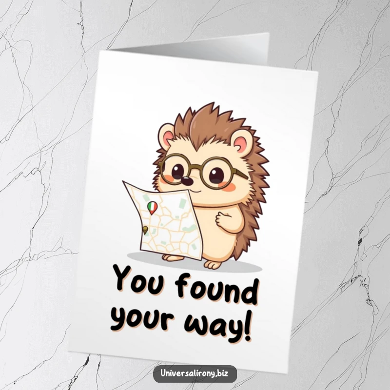 Free Printable Congratulations Card: Kawaii hedgehog with spectacles finally figures out the map, celebrating success.