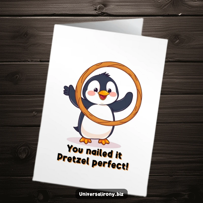 Funny Free Printable Congratulations Card: A penguin comically attempts to hula hoop with a large pretzel, a unique celebratory design.