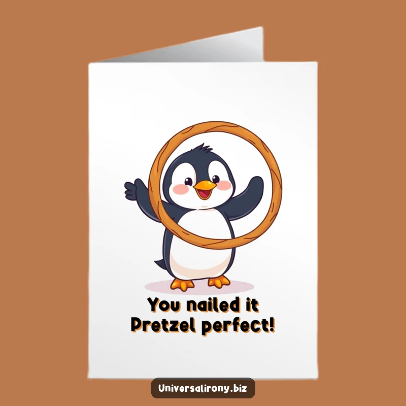 Free Printable Congrats Card: Clumsy Penguin with Pretzel Hoop, Funny Downloadable Gift for Celebrations