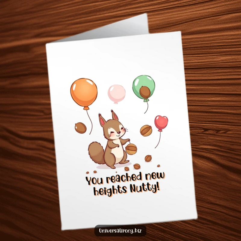 Funny Free Printable Congratulations Card: A determined squirrel leaps for nuts drifting upwards on balloons, celebrating aspirations.