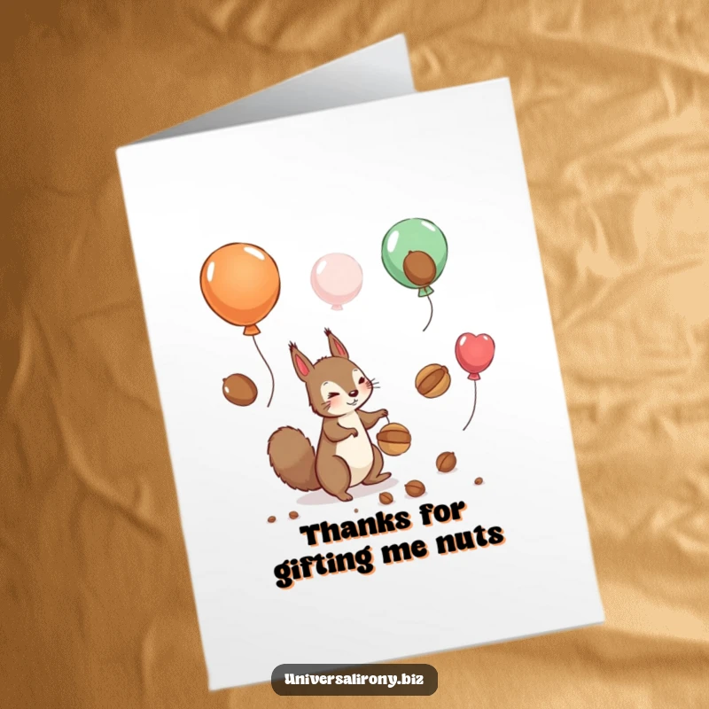 Funny Free Printable Thank You Card: A playful squirrel tries to grab nuts floating away on balloons, a fun way to say thank you.