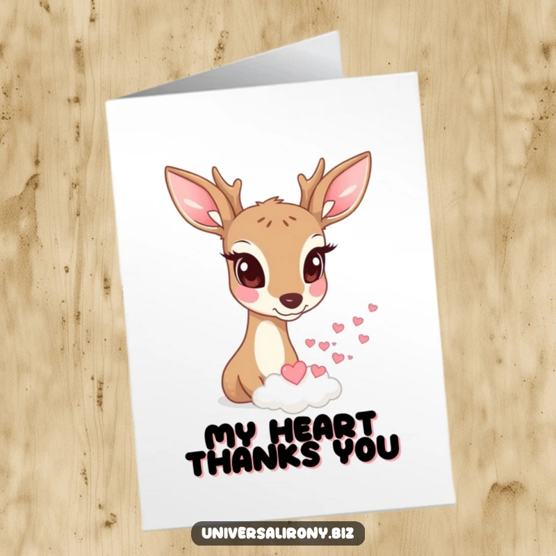 Funny Free Printable Deer Thank You Card: Deer watching a tiny cloud rain hearts, expressing warm thanks.