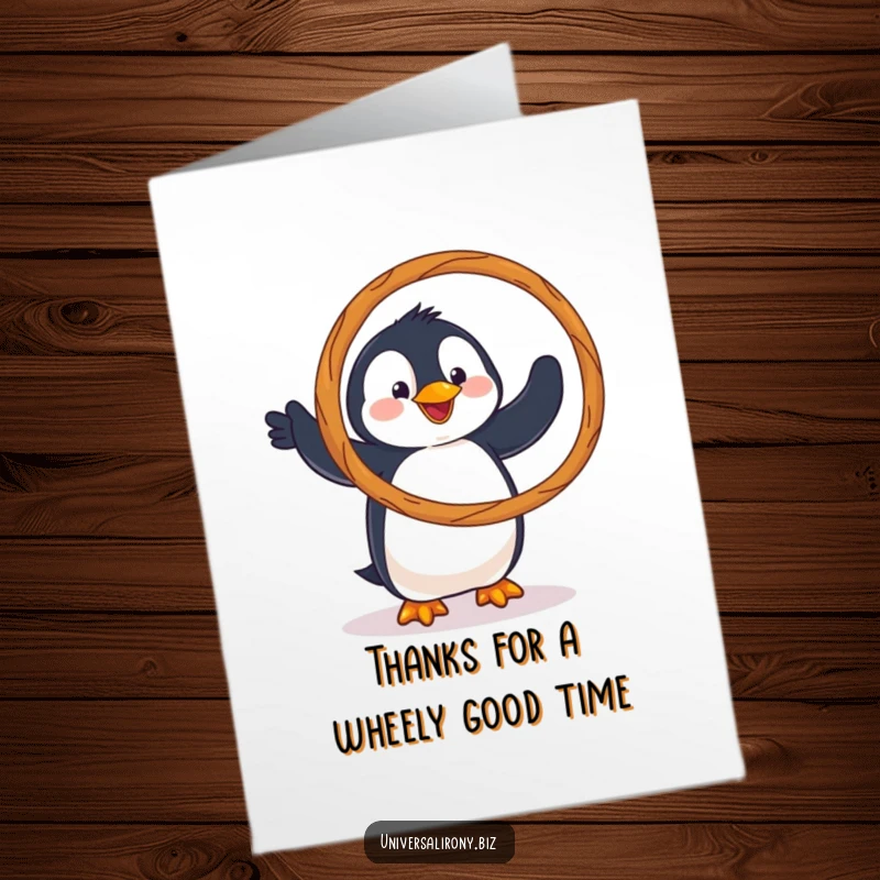 Funny Free Printable Thank You Card: A penguin tries to hula hoop with a giant pretzel, a funny and quirky way to say thanks.