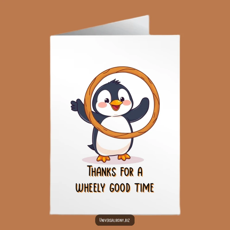 Free Printable Thank You Card: Clumsy Penguin with Pretzel Hoop, Funny Downloadable Gift for Thanks
