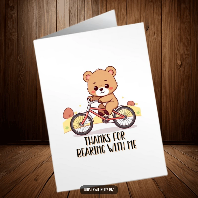 Funny Free Printable Thank You Card: A cute bear cub determinedly rides a small bike uphill, perfect for thanking someone's effort.