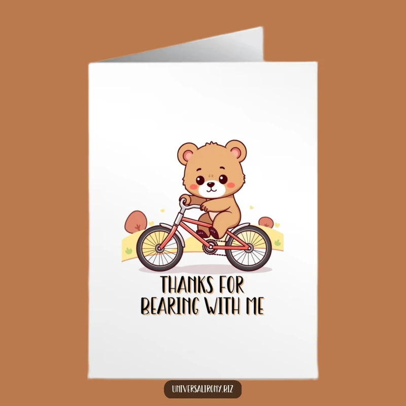 Free Printable Thank You Card: Determined Bear Cub Cycling Uphill, Funny Downloadable Gift for Effort