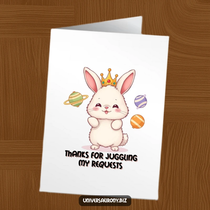 Funny Free Printable Thank You Card: Adorable bunny wearing a crown juggles planets, a whimsical way to say thanks.