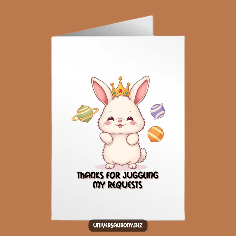 Free Printable Thank You Card: Funny Bunny Juggling Planets, Unique Downloadable Gift for Expressing Gratitude