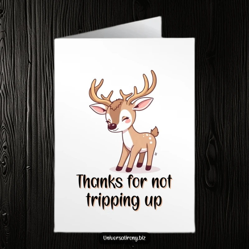 Funny Free Printable Thank You Card: Goofy kawaii deer tripping over antlers, offering thanks with a grin.