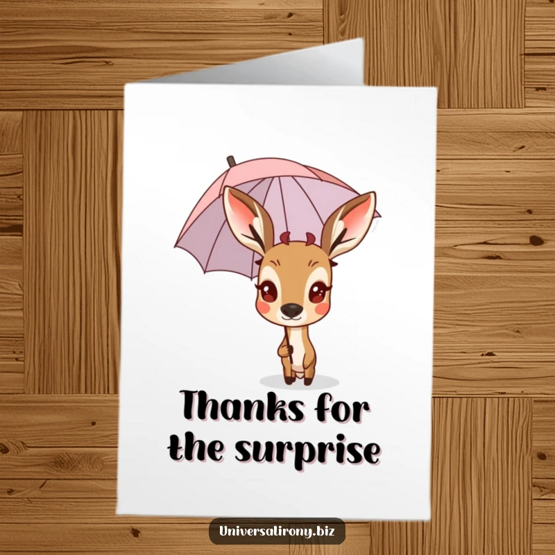 Funny Free Printable Deer Thank You Card: Surprised deer under a tiny umbrella, expressing thanks humorously.