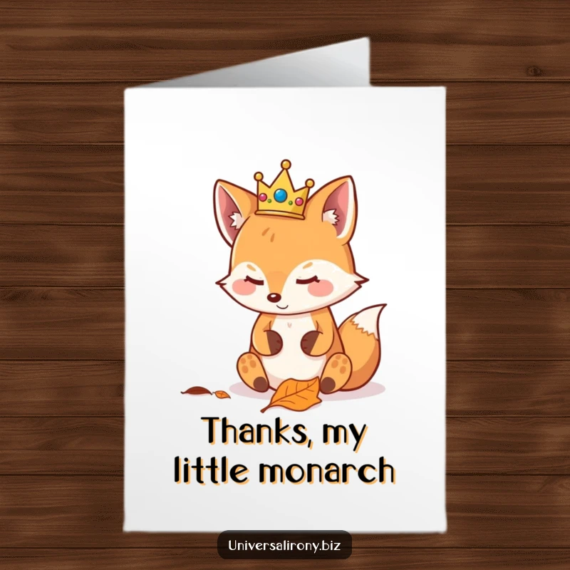 Funny Free Printable Thank You Card: Smug kawaii fox with a crown, looking at a leaf, giving thanks.