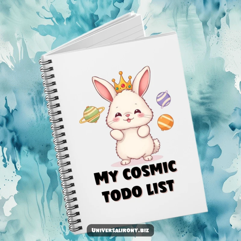 Funny notebook cover featuring a fluffy crowned bunny comically juggling three spinning planets, inspiring creativity and laughter.