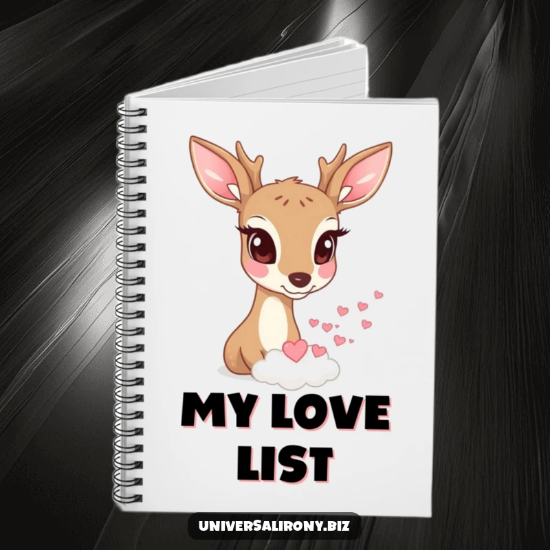 Notebook featuring a funny deer with wide eyes watching a tiny cloud rain miniature hearts.