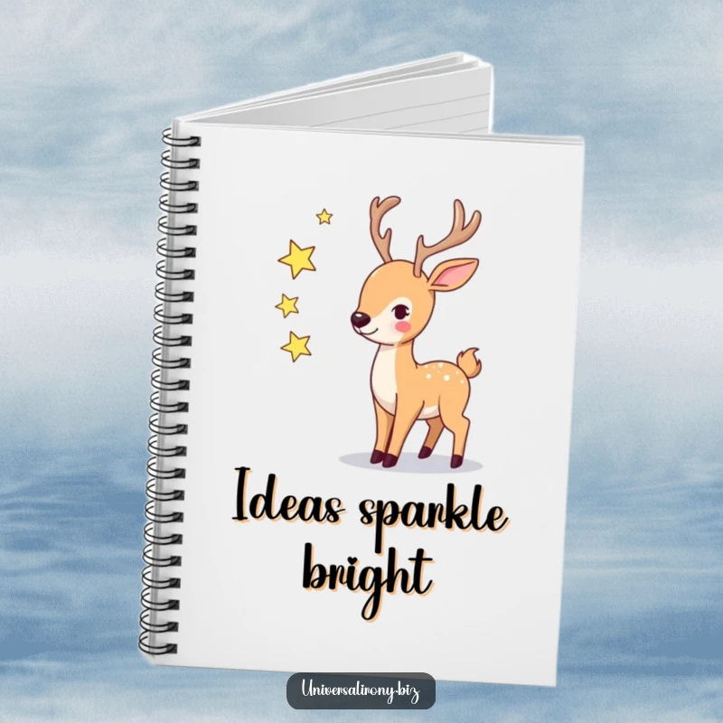 Notebook with a funny playful deer juggling small twinkling stars, perfect for jotting down ideas.