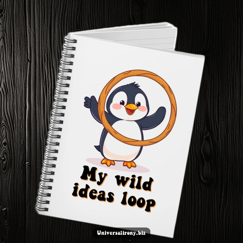 Funny notebook cover featuring a clumsy penguin comically attempting to hula hoop with a giant pretzel, inspiring creativity and humor.