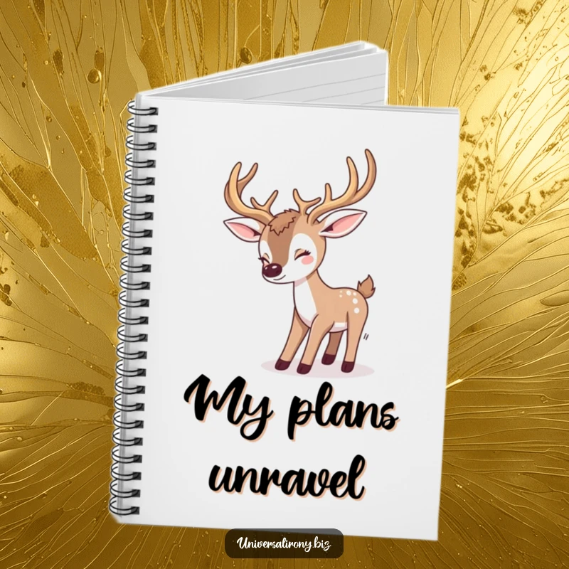 Funny kawaii deer tripping over large antlers, on a notebook cover, perfect for journaling and creative brainstorming.