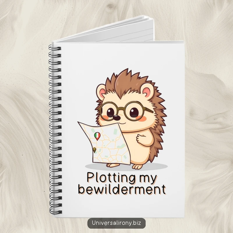 Funny kawaii hedgehog with spectacles, confused by a map, on a notebook cover, ideal for journaling journeys.