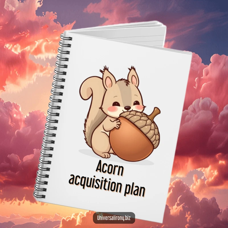 Funny kawaii squirrel hoarding a giant acorn, on a notebook cover, ideal for journaling collections and plans.