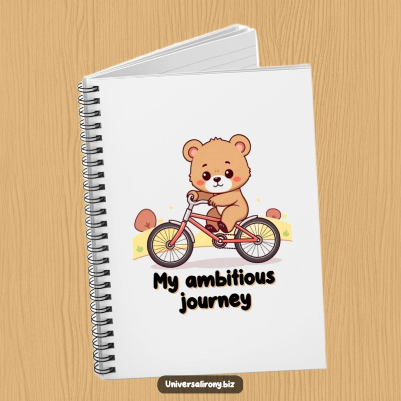 Funny notebook cover featuring a determined bear cub comically riding a tiny bicycle uphill, inspiring goal-setting and perseverance.