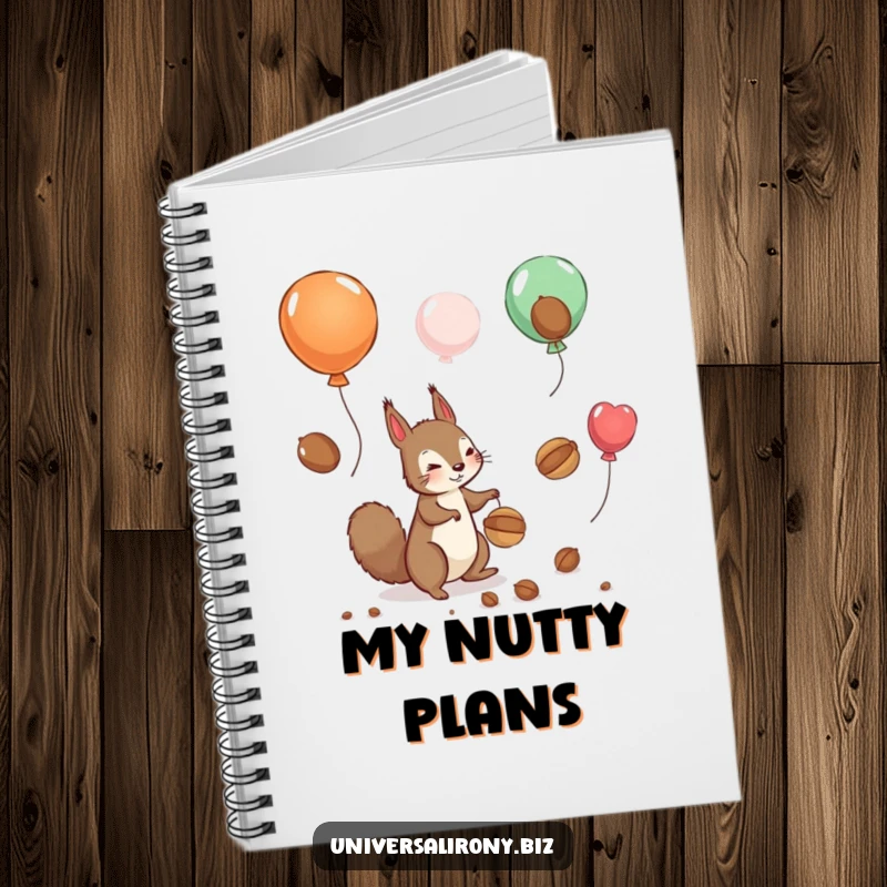 Funny notebook cover featuring a playful squirrel comically chasing nuts floating away on balloons, inspiring ambition and humor.