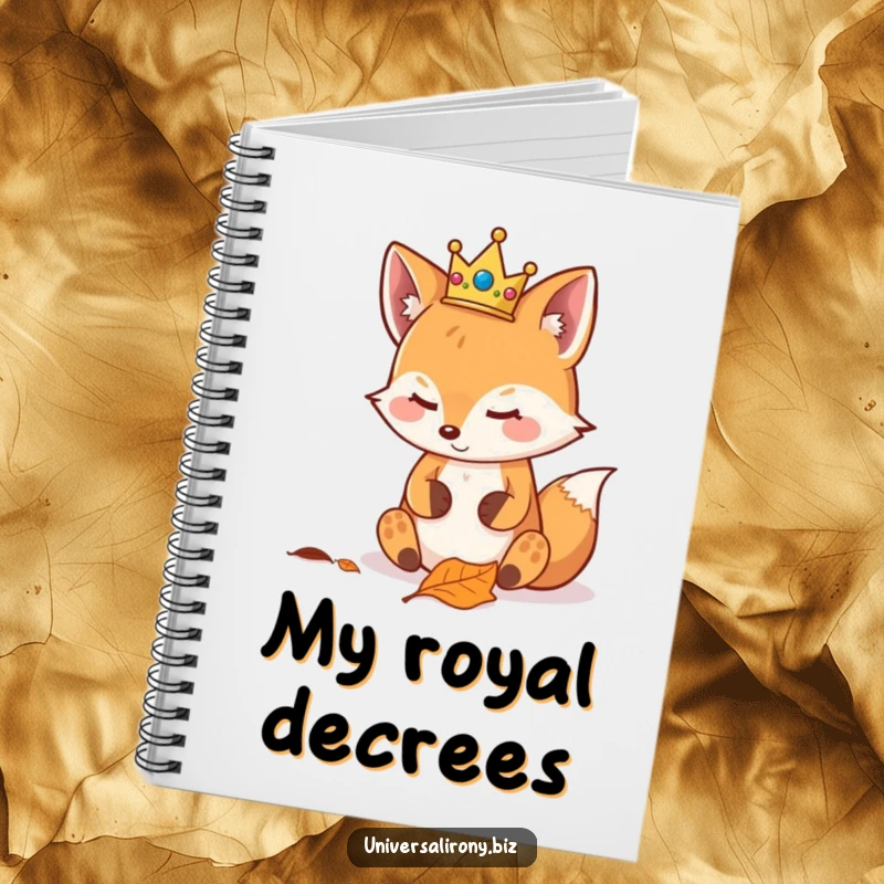 Funny kawaii fox with a crown, looking smugly at a leaf, on a notebook cover, ideal for journaling royal thoughts.