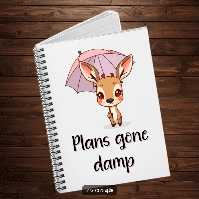 Funny surprised deer peeking from behind a tiny, upside-down umbrella on a notebook cover.