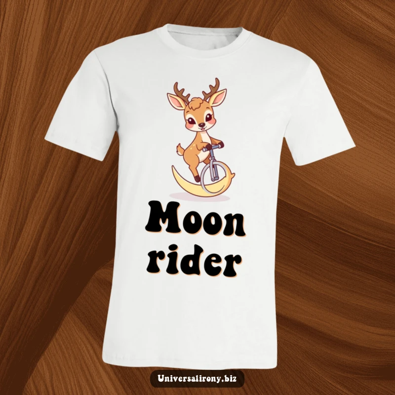 Funny deer with a mischievous grin attempting to ride a unicycle fashioned from a crescent moon on a t-shirt.