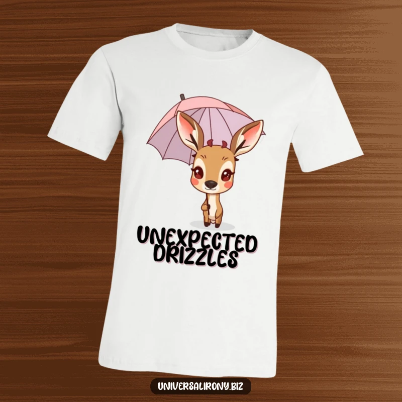 Funny surprised deer peeking from behind a small, inverted umbrella on a t-shirt, capturing a comical moment.
