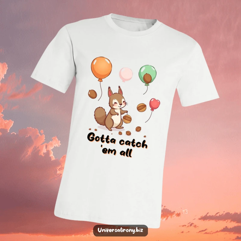 Funny t-shirt with a playful squirrel comically chasing nuts that are floating away on colorful balloons, showing great effort.
