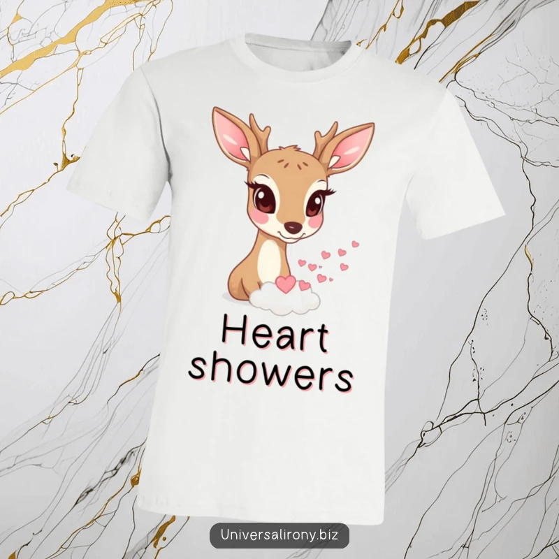 Funny deer with wide eyes watching a tiny cloud rain small hearts on a whimsical t-shirt.