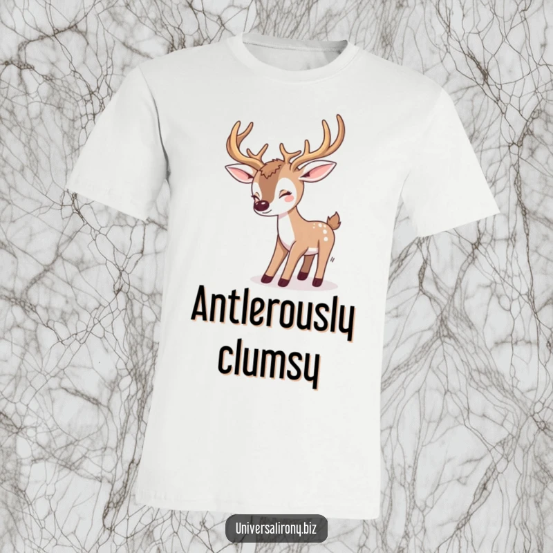 Funny kawaii deer stumbling over oversized antlers, printed on a soft t-shirt, celebrating delightful clumsiness.